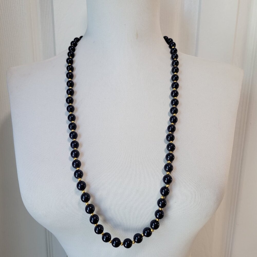 Vintage 80's 90's Acrylic Navy Blue & Gold Bead 30" Clasp Necklace EUC Pinup - Picture 6 of 6
